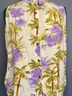 Tropical Palm Tree Floral Button Down Shirt Purple Green Cream Resort XL